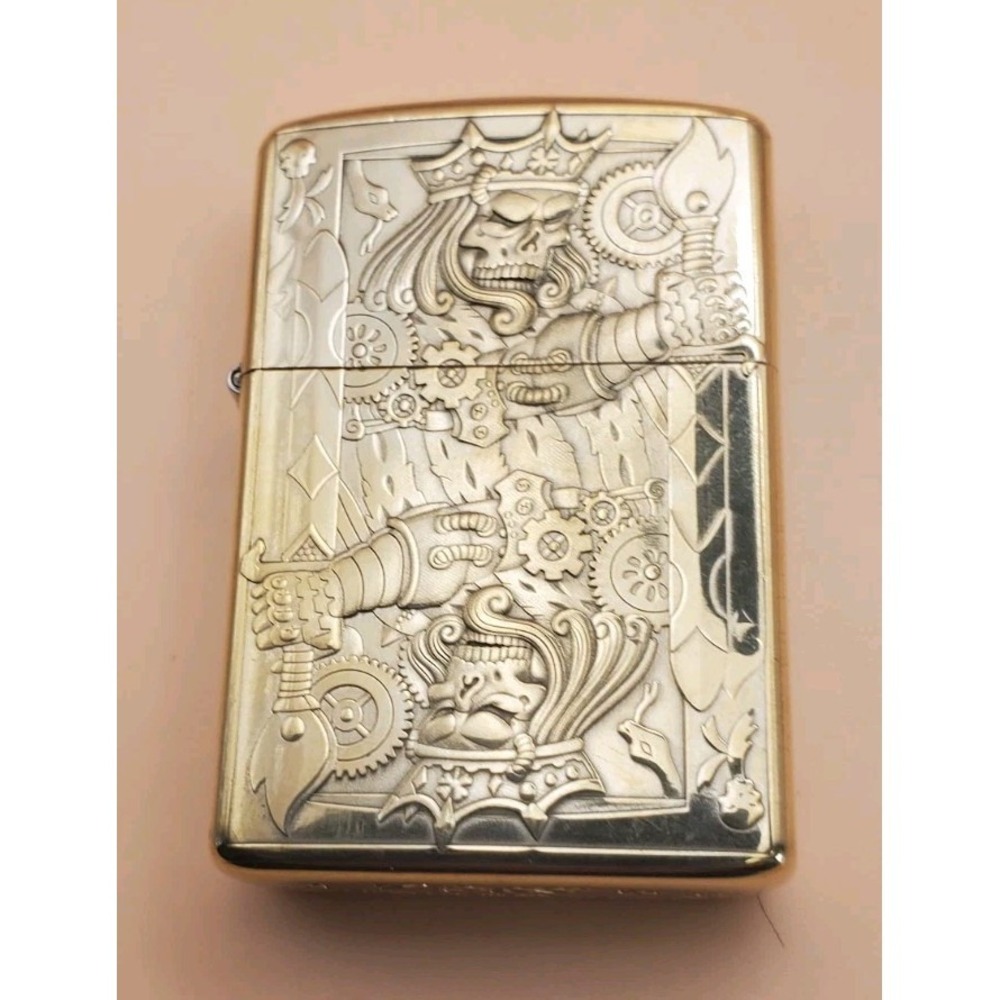 Zippo Lighter With A Two Sided Medieval King Engravings Brass Armor Case  Unused